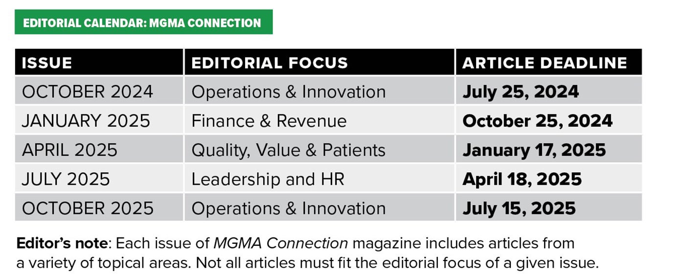 MGMA Connection article deadlines: July 25, 2024 for the October 2024 issue. October 25, 2024 for the January 2025 issue. January 17, 2025 for the April 2025 issue. April 18, 2025 for the July 2025 issue. July 15, 2025 for the October 2025 issue.