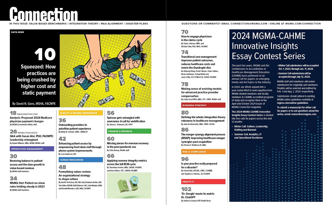 The table of contents of the October 2023 MGMA Connection magazine.