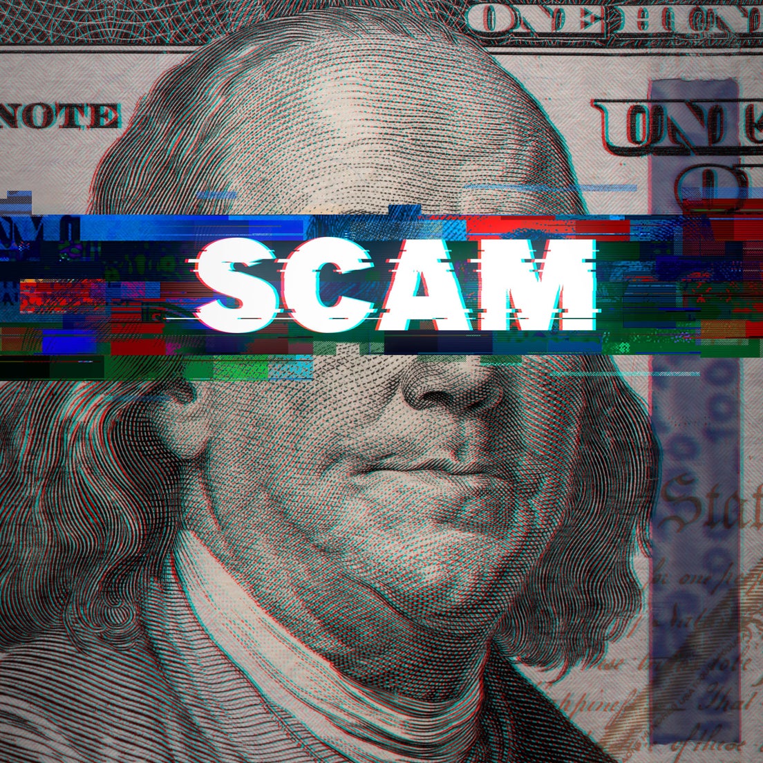 Dollar bill with word scam superimposed